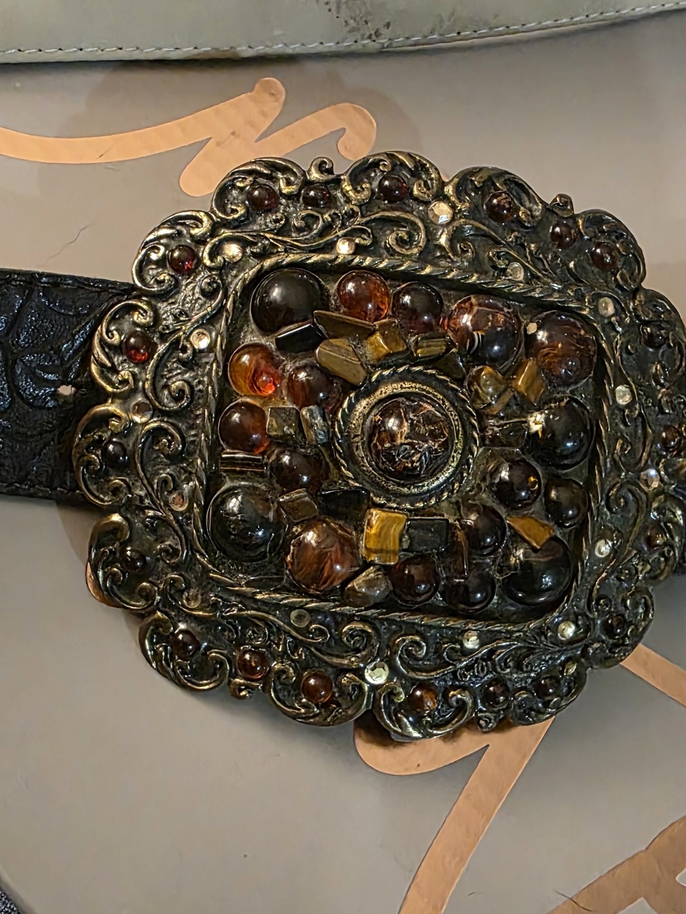 Y2K Vintage Embossed Dark Brown Leather Belt with Amber and Garnet Accents - Picture 6 of 10